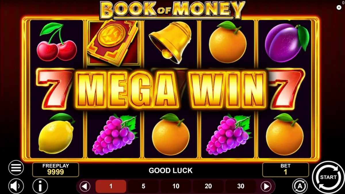 Interface do jogo Book of Money com símbolos clássicos e tema de livro antigo